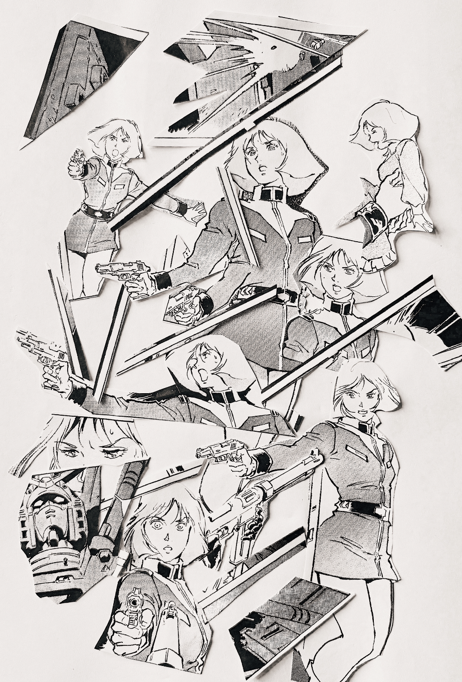 A vertical black-and-white Gundam collage made from repeated manga figures and angled cut fragments on a white ground.