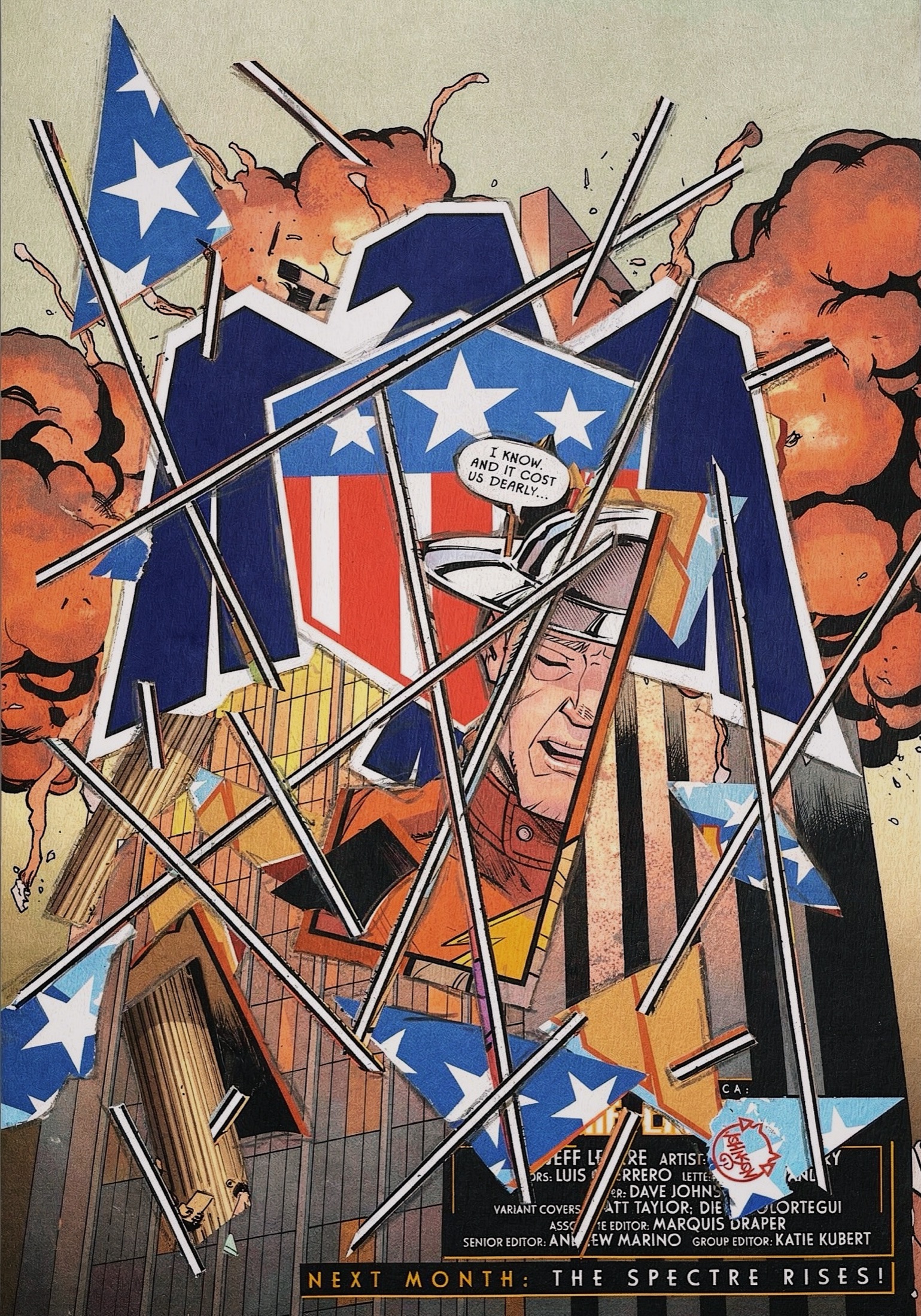 A vertical comic collage with patriotic blue and red forms, explosions, and sharpened strips across the surface.