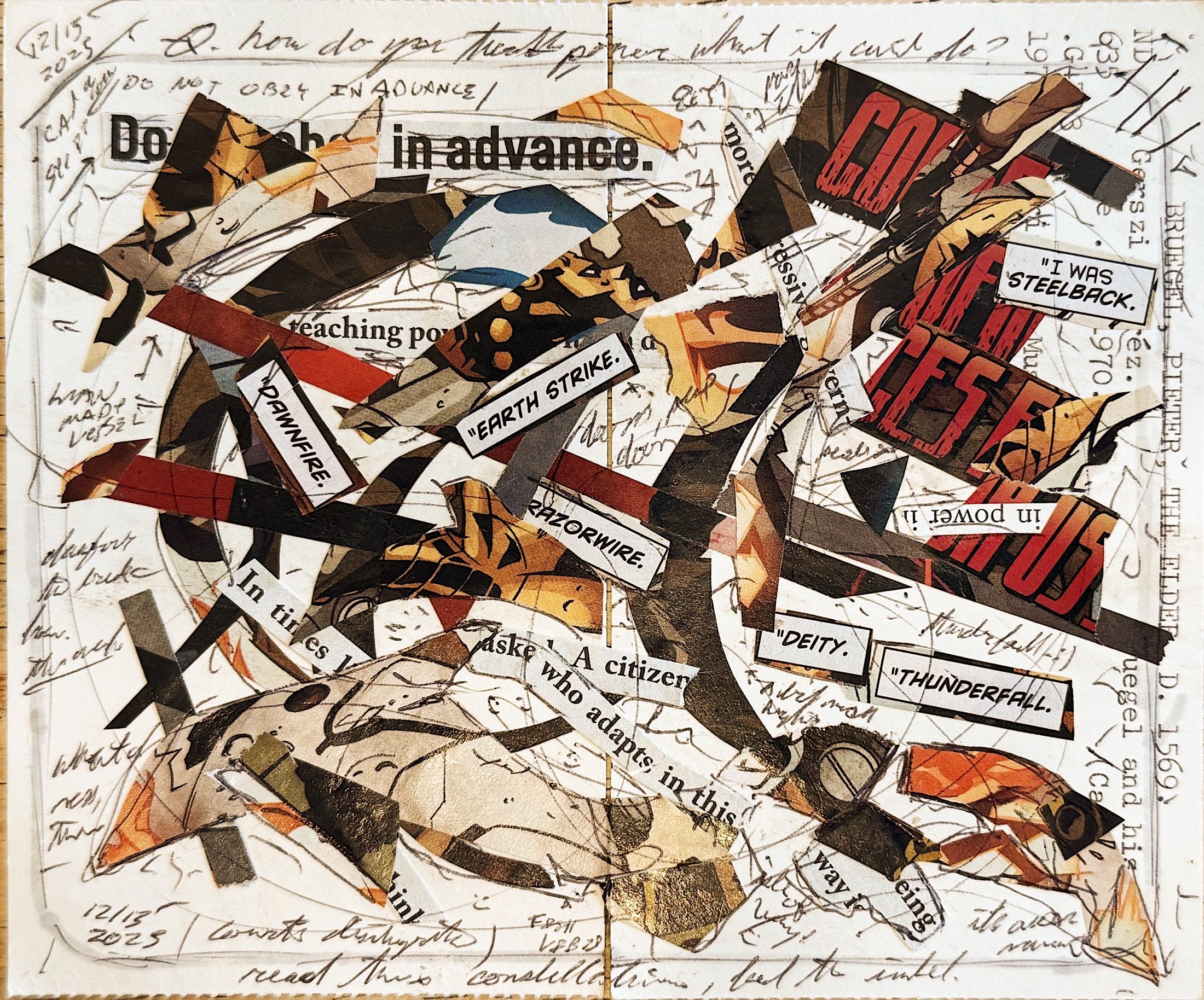 A horizontal collage on a paper ground with handwritten notes and scattered comic fragments.