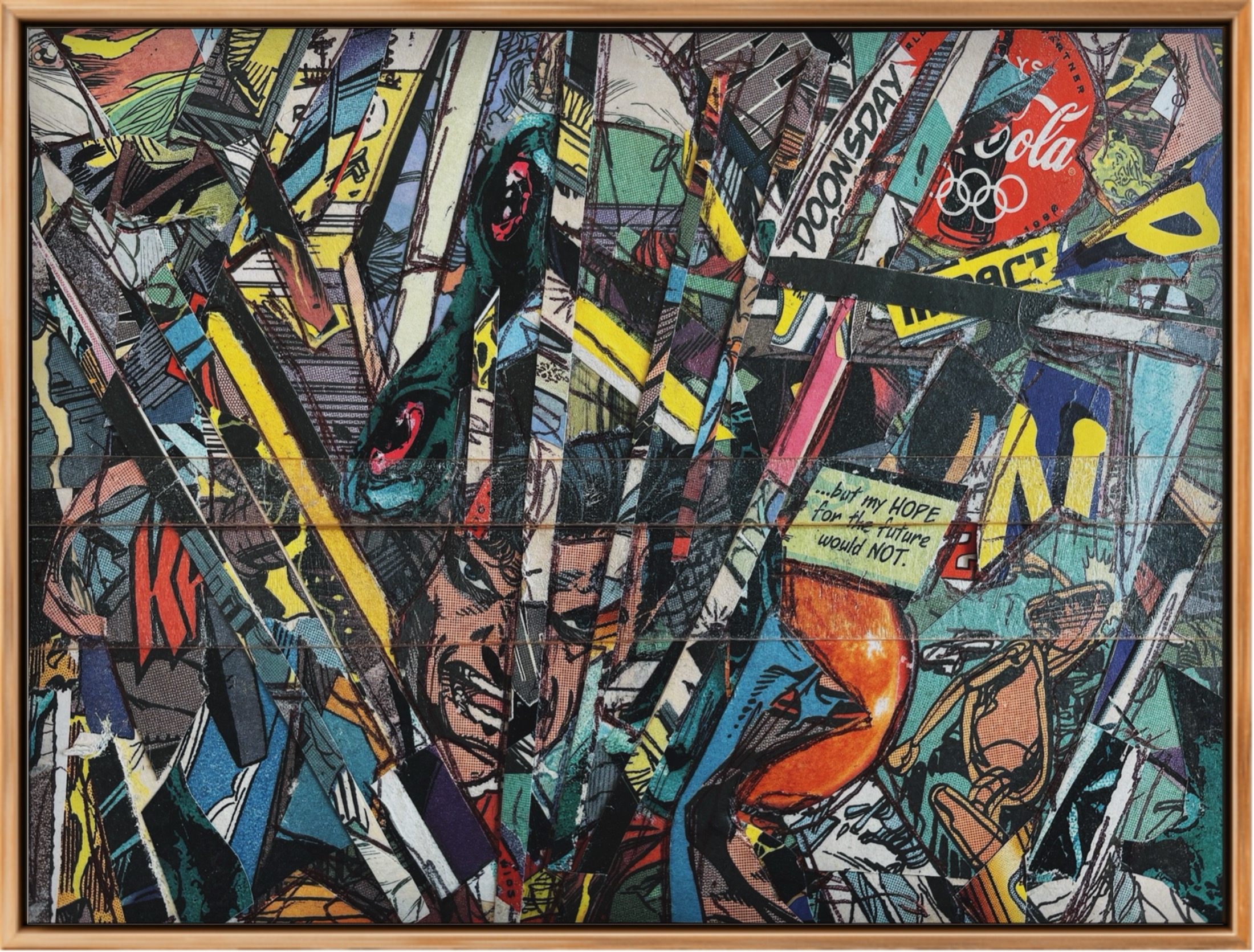 A wide framed collage with shards of comic imagery and a handwritten note about hope.