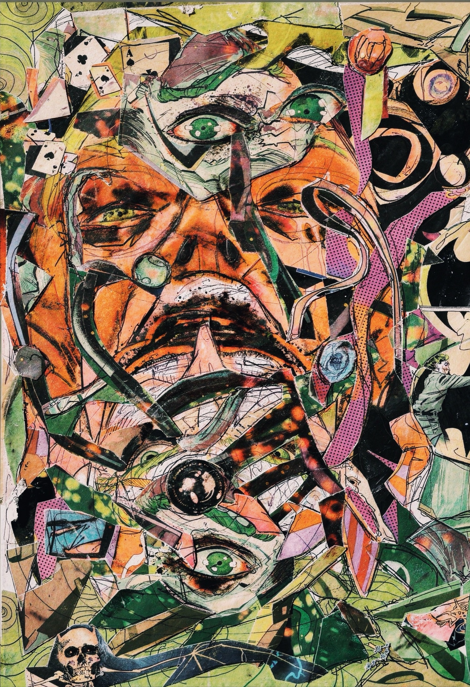 A vertical collage centered on a fractured face with green eyes and orange, purple, and black fragments.