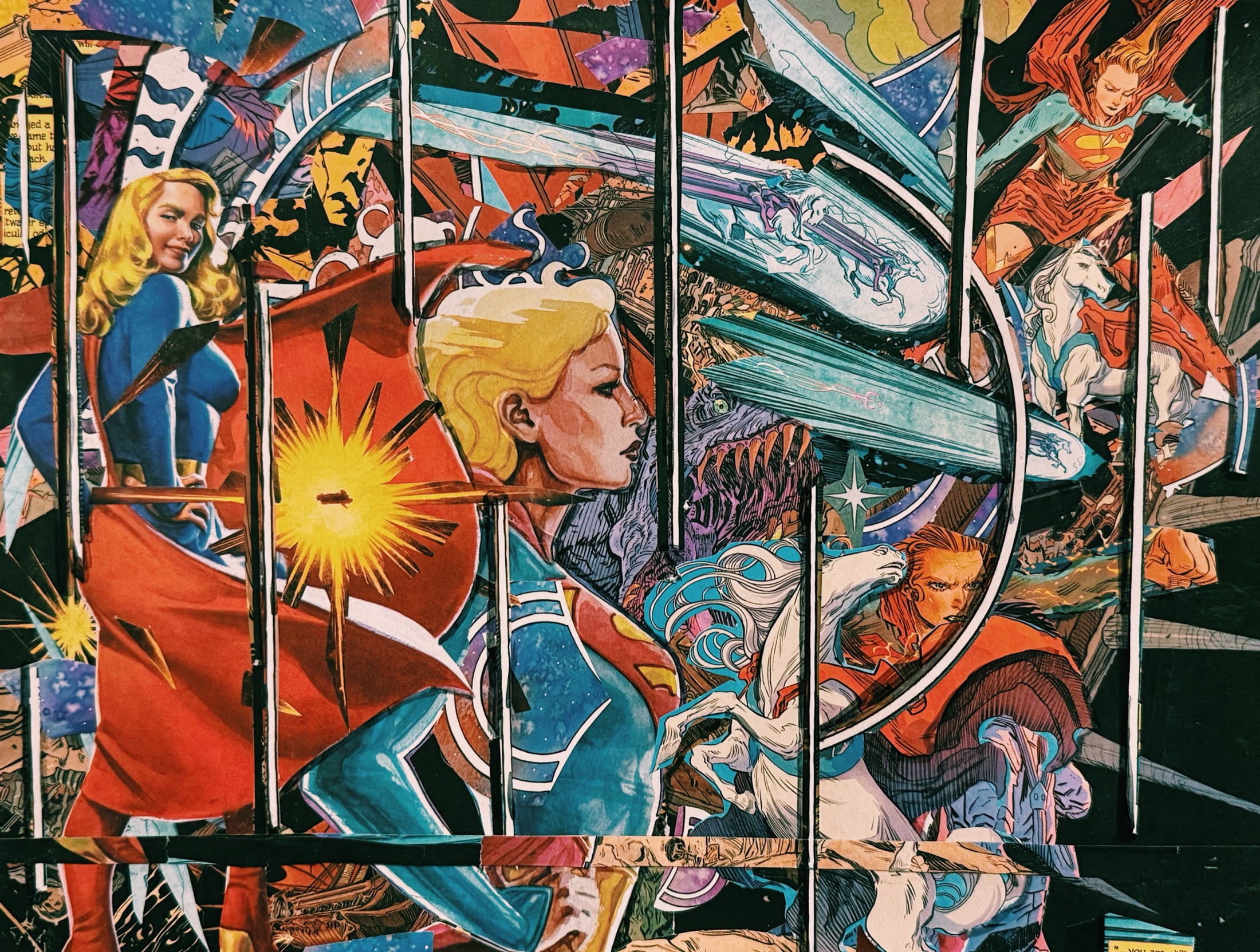 A horizontal, brightly colored comic collage with figures and sweeping curved forms.