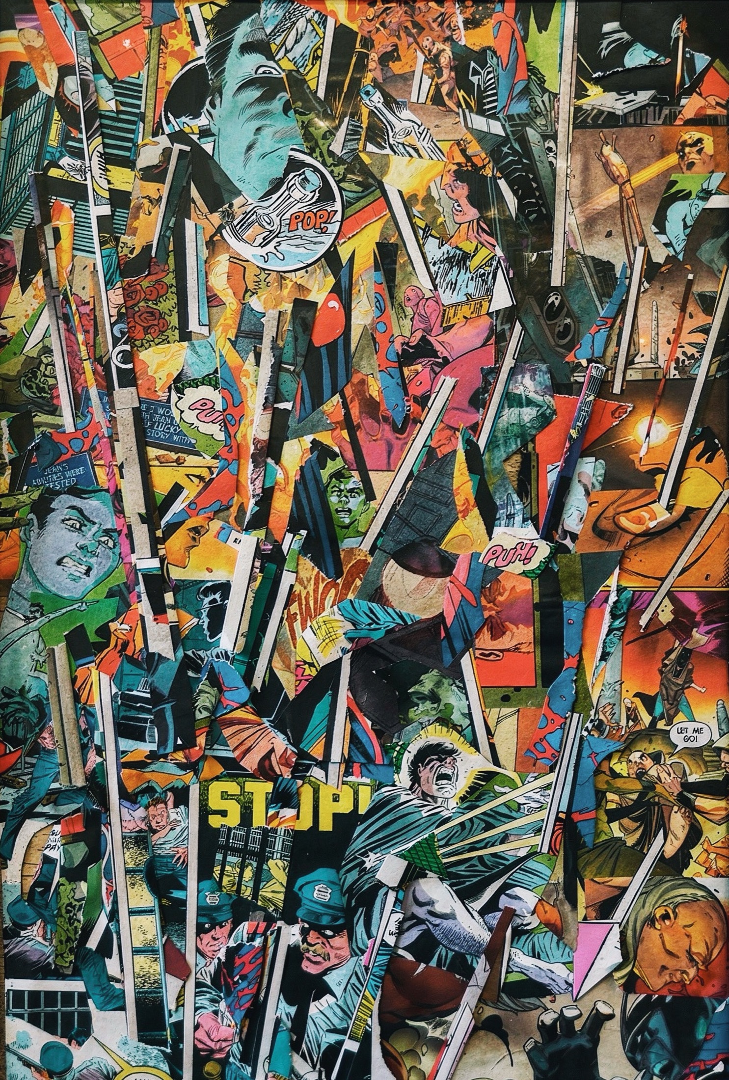 A colorful vertical collage filled with comic fragments, bright slashes, and repeated faces.