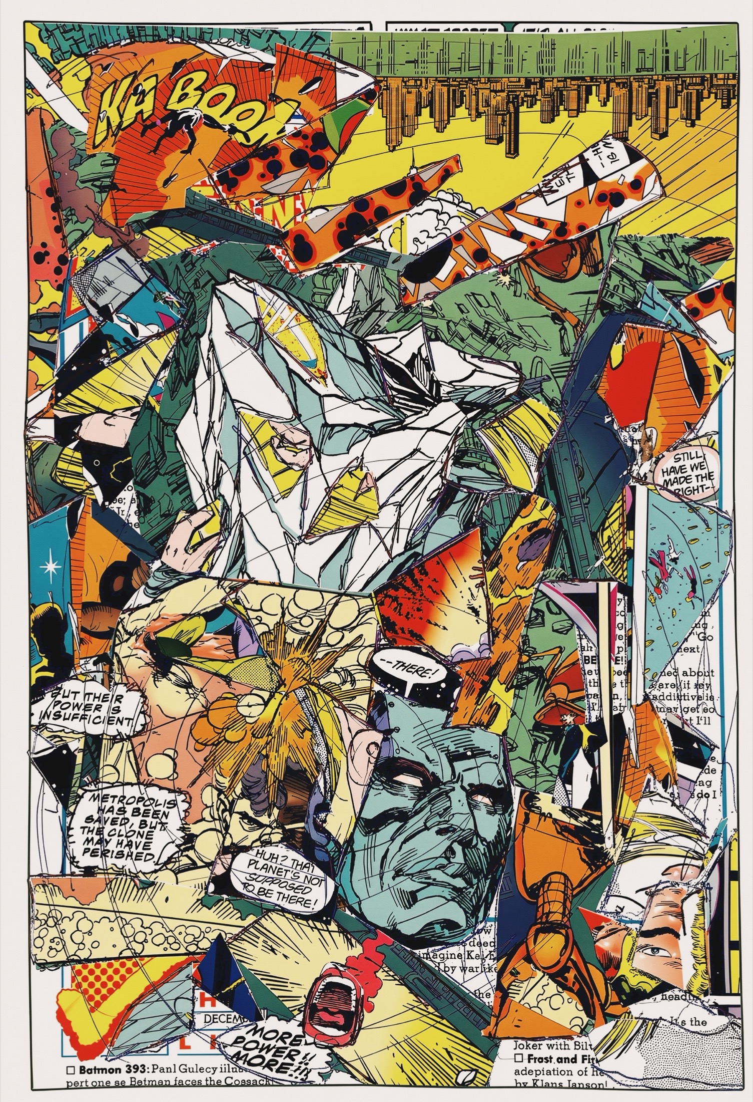 A vertical collage with bright yellow, teal, and orange fragments arranged into a dense stacked composition.