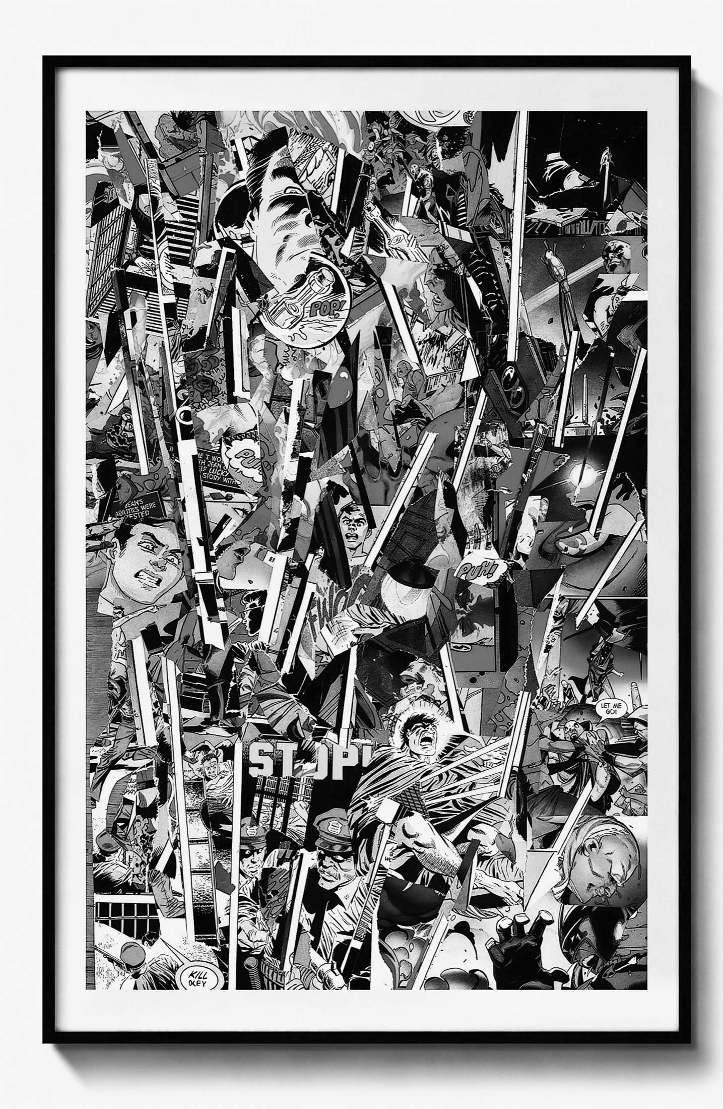 A tall black-and-white framed collage densely packed with sliced comic figures and motion.